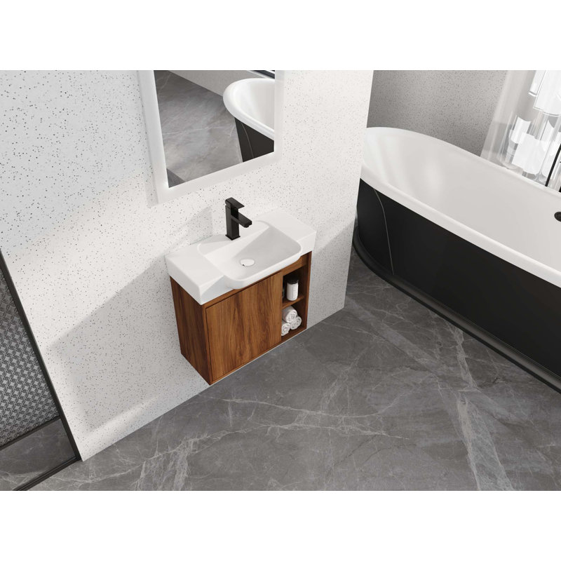 Meuble-lavabo mural avec lavabo en céramique blanche et porte à fermeture en douceur