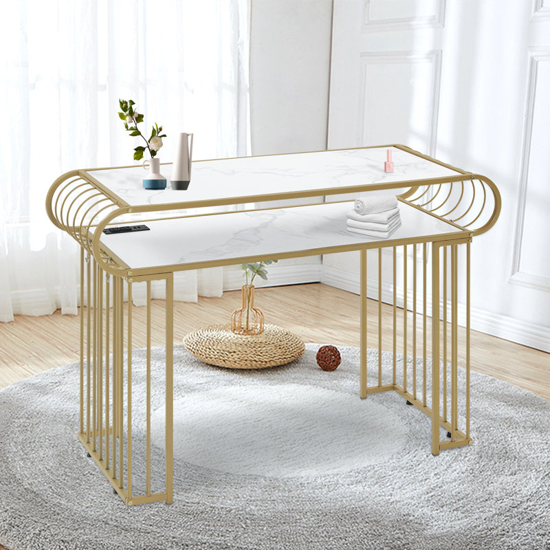 Rumonda Modern Vanity Makeup Desk with Built-in Power Strip, Nail Desk with Metal Frame