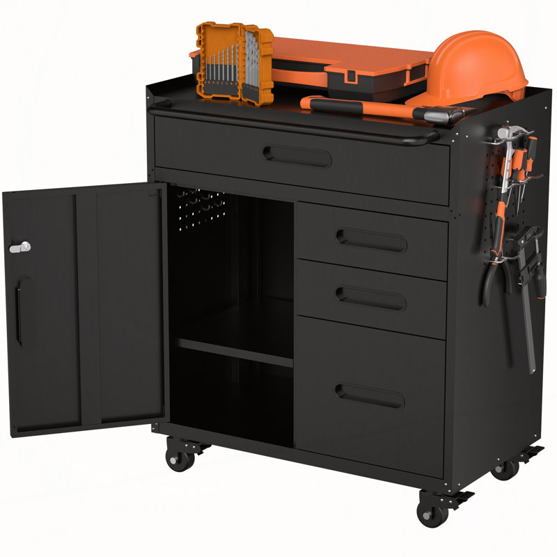 Armoire de rangement mobile avec compartiment verrouillable et 4 tiroirs