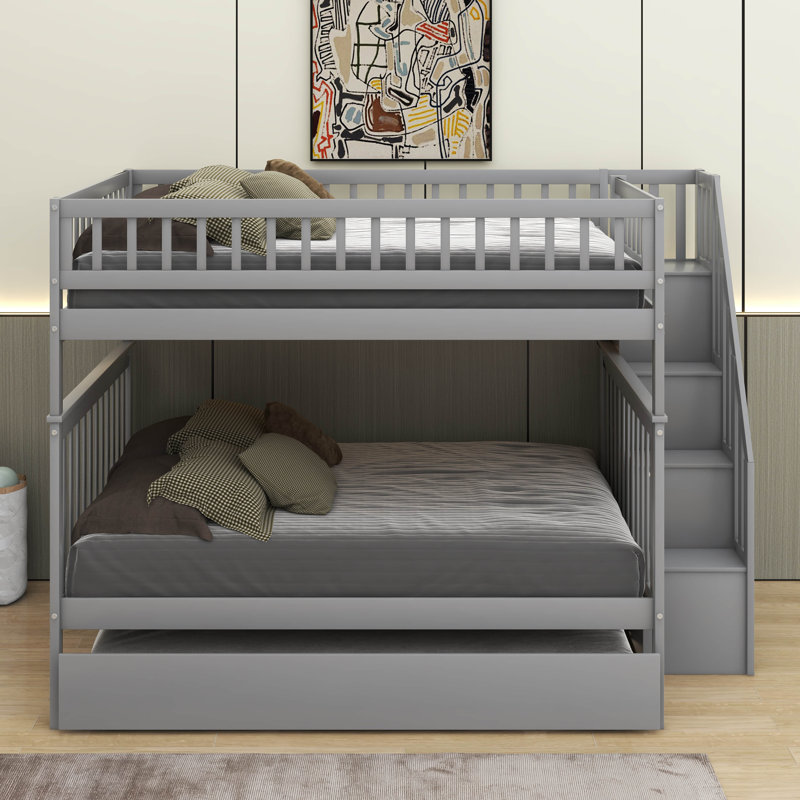 Lit double superposé au dessus d'un lit double avec lit gigogne, Gris,  Lit superposé double sur double