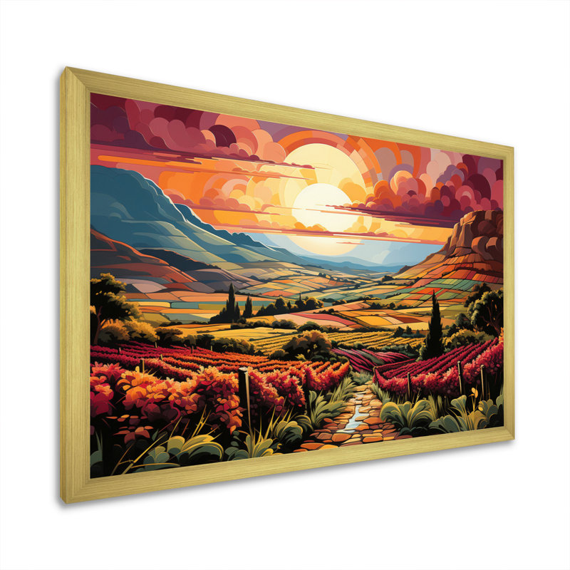 «Vineyard Sunset Rows Of Ruby Landscape II», reproduction sur toile, H 12 po x l 20 po x P 1 po, Cadre photo doré simple