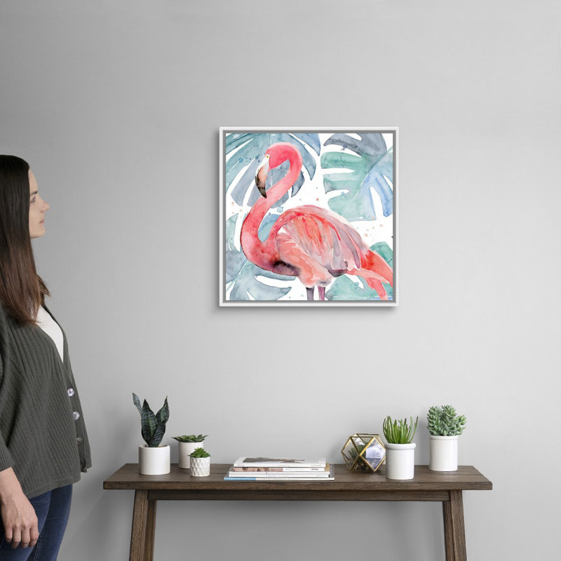 «Flamingo Splash II», art mural sur toile, Toile avec cadre blanc, H 22 po x l 22 po