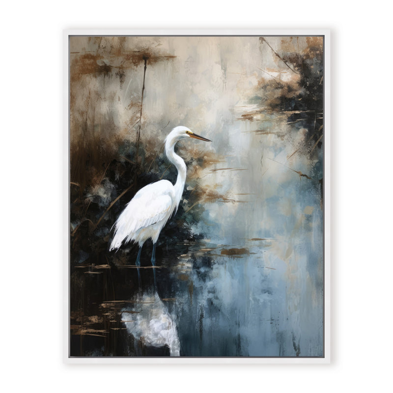 Nature Inspired Egret In Lake, 24" H x 16" W x 2.375" D, Framed Canvas, Brown