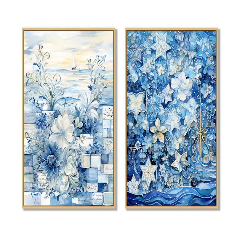 Carreaux botaniques blancs et bleus I - ensemble de 2 reproductions d'art botaniques abstraites, Cadre flottant brun