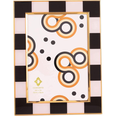Black And White Checkered Retro Gold Bordered 5" X 7" Enameled Picture Frame With HD Clear Glass