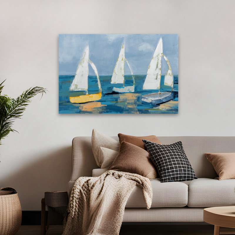 Sail Away - Blue Boat Clouds Coastal, 48" H x 32" W