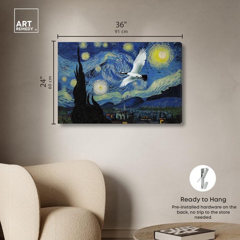 «Crane Starry Night» par Pet , H 24 po x l 36 po, Toile tendue