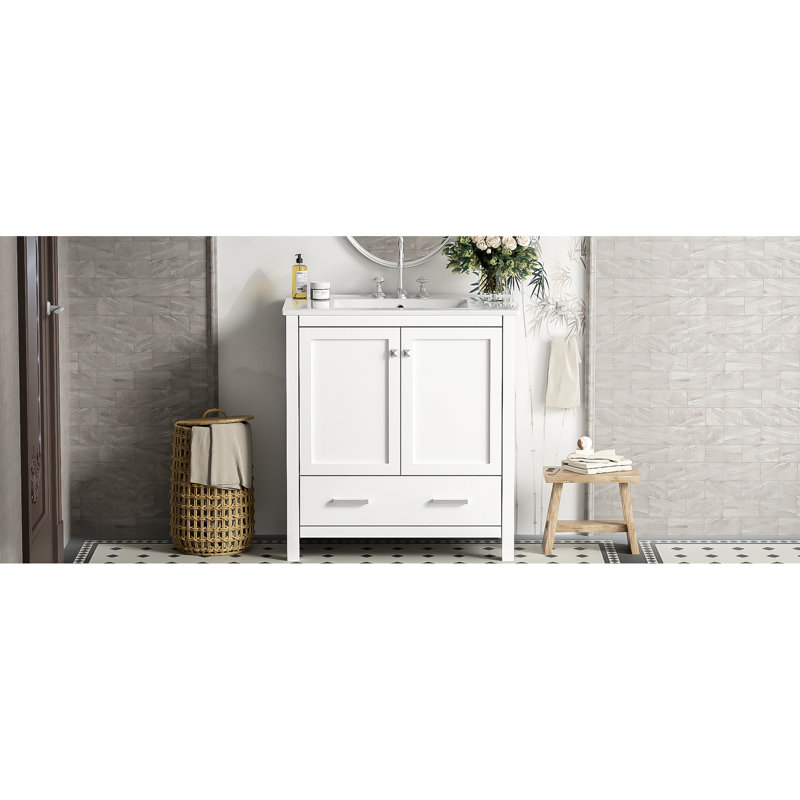 30" White Bathroom Storage Cabinet, Single Sink Vanity, Solid Wood Frame, 2 Doors And 1 Drawer, Soft Close Function, Stylish Furniture Vanity With Sink, Finish Construction, For A Relaxing