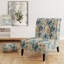 Fauteuil de chambre rembourré blanc et bleu à motif damas et éclectique