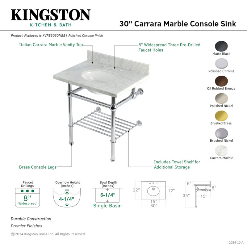 Évier console KVPB3030MBB7 de 30 po avec pieds en laiton Kingston (8 pouces, 3 trous), marbre de Carrare / laiton brossé