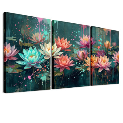 Ensemble de 3 toiles murales représentant des nénuphars colorés avec des coulées de peinture turquoise