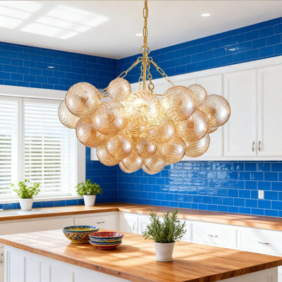 Modern Nordic Bubble Ball Chandelier Pendant Light With Amber Glass Globes And Gold Frame, 5-Light Adjustable Dining Room Lighting Fixture For Living Room Entryway