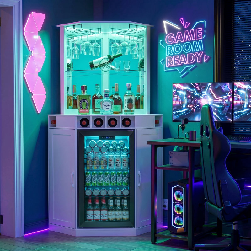Armoire de bar d'angle haute avec espace pour réfrigérateur, armoire à liqueur DEL, blanc, Blanc