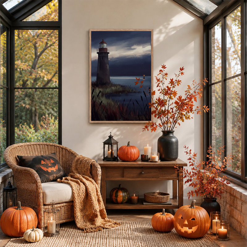 Peinture de phare au crépuscule, toile murale d'Halloween, 48"H x 36"W