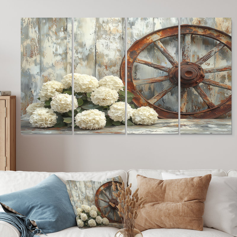 Hortensia par roue de chariot - Art mural hortensia - décoration murale traditionnelle, 4, H 28 po x l 48 po