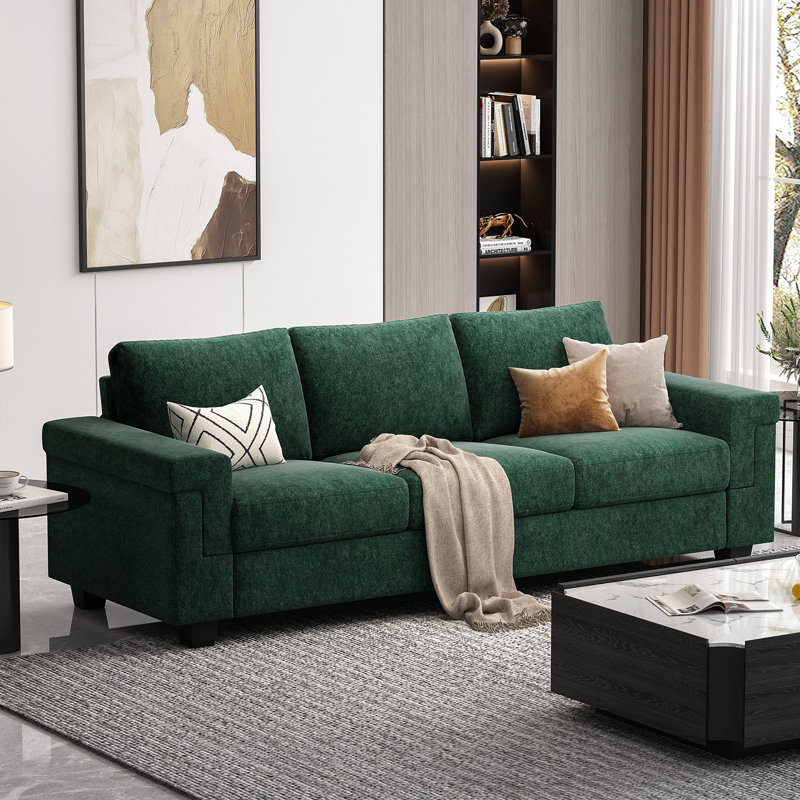 Canapé en polyester à accoudoirs carrés Dereon, Vert, H 32,7 po x l 90 po x P 35 po