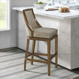 Ellie Bar Height Stool, Back, Swivel Seat, Brown, Upholstered Padded Seat, Rubberwood Frame, Steel Memory Return Mechanism, Dimensions 19 in. W x 22 in. D x 46 in. H, Footrest, Metal Kick Plate