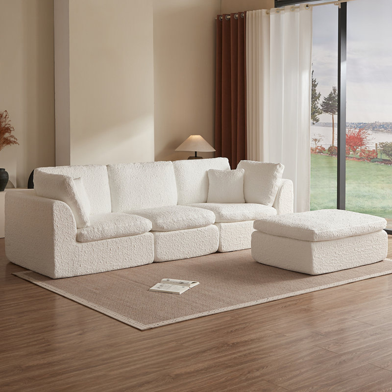 Canapé modulaire 110 po pour le salon, canapé convertible en L avec repose-pieds, canapé modulaire 3 places, Chenille blanche