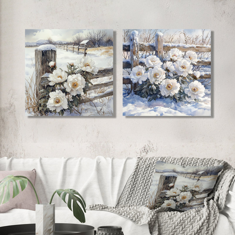 Pivoines par la clôture de la ferme enneigée I - décorations murales pivoines - art mural traditionnel 2 pièces