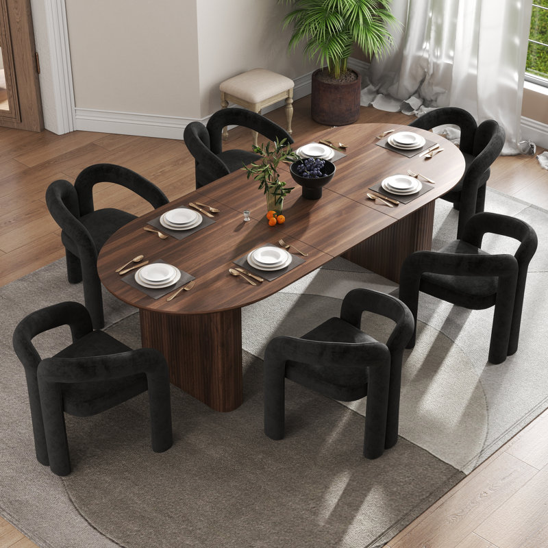 Modern Farmhouse Extendable 59.06" to 90.55" Table Dining Set for 4-8, Black, 7 Pieces: Table, 6 Chairs, Black