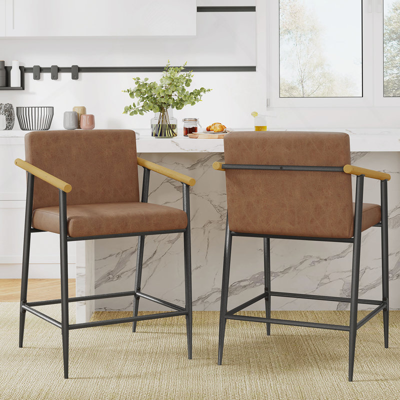 Tabouret de comptoir avec cadre en fer - ensemble de 2 - noir et brun rougeâtre, Brun