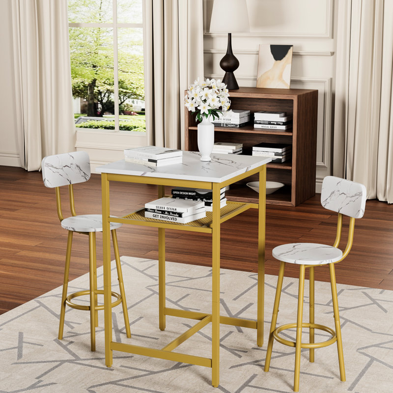Table de bar et 2 tabourets, blanc doré, structure en métal imitation bois, élégante et pliable, idéale pour les petits espaces.