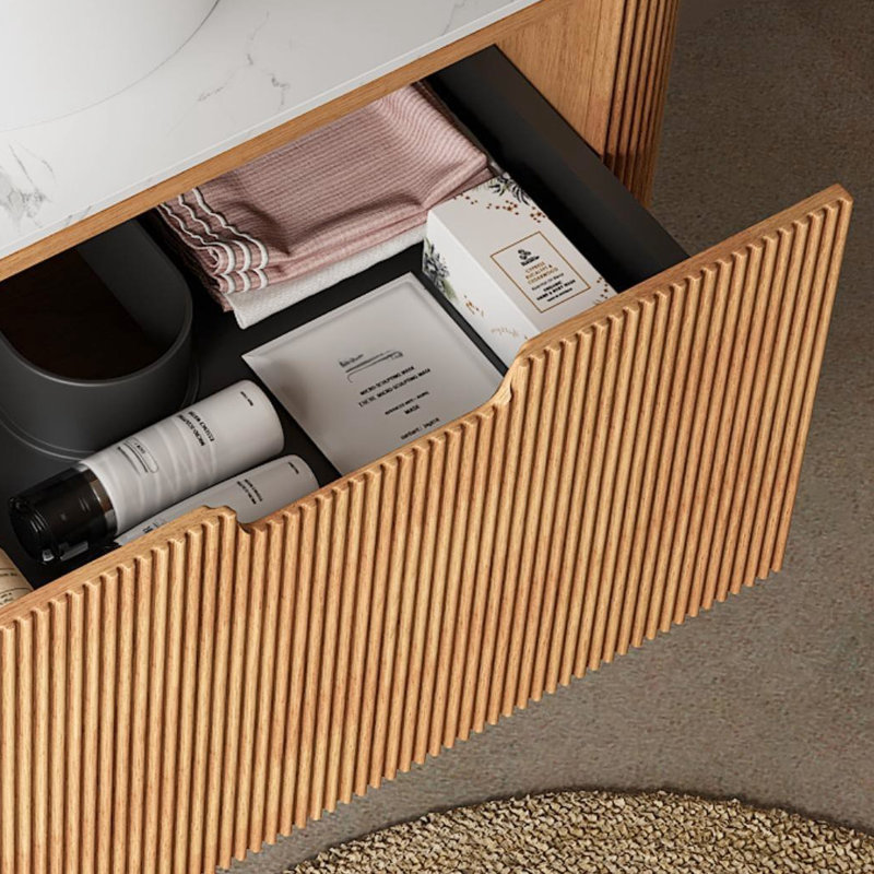 Meuble-lavabo de 24 po: unité pré-assemblée avec marbre artificiel blanc, lavabo rond en céramique et meuble-lavabo à tiroir à fermeture en douceur: armoire à rayures en grain de bois naturel 3D, comptoir en pierre frittée