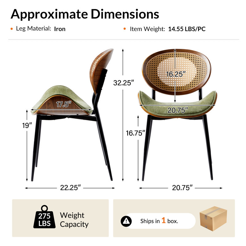  Pateley Mid-Century Modern Rattan Dinning Chair (Set of 2), Moss