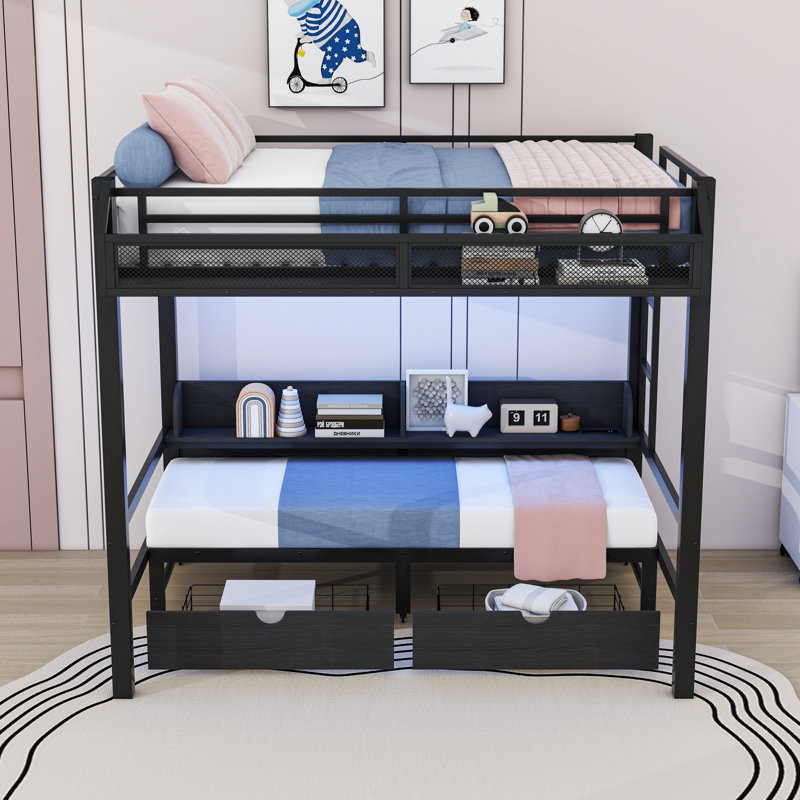 Metal Bunk Bed With LED Light Strip, Charge Station, 2 Drawers And Storage Shelves, Black, Full