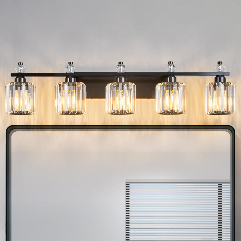 Lampe de meuble-lavabo moderne en cristal avec abat-jour cylindrique, Noir plaqué, 5 lumières