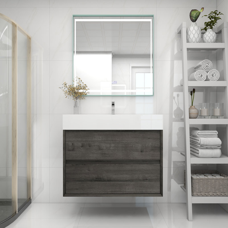 Meuble-lavabo mural simple 36 po, Chêne fumé