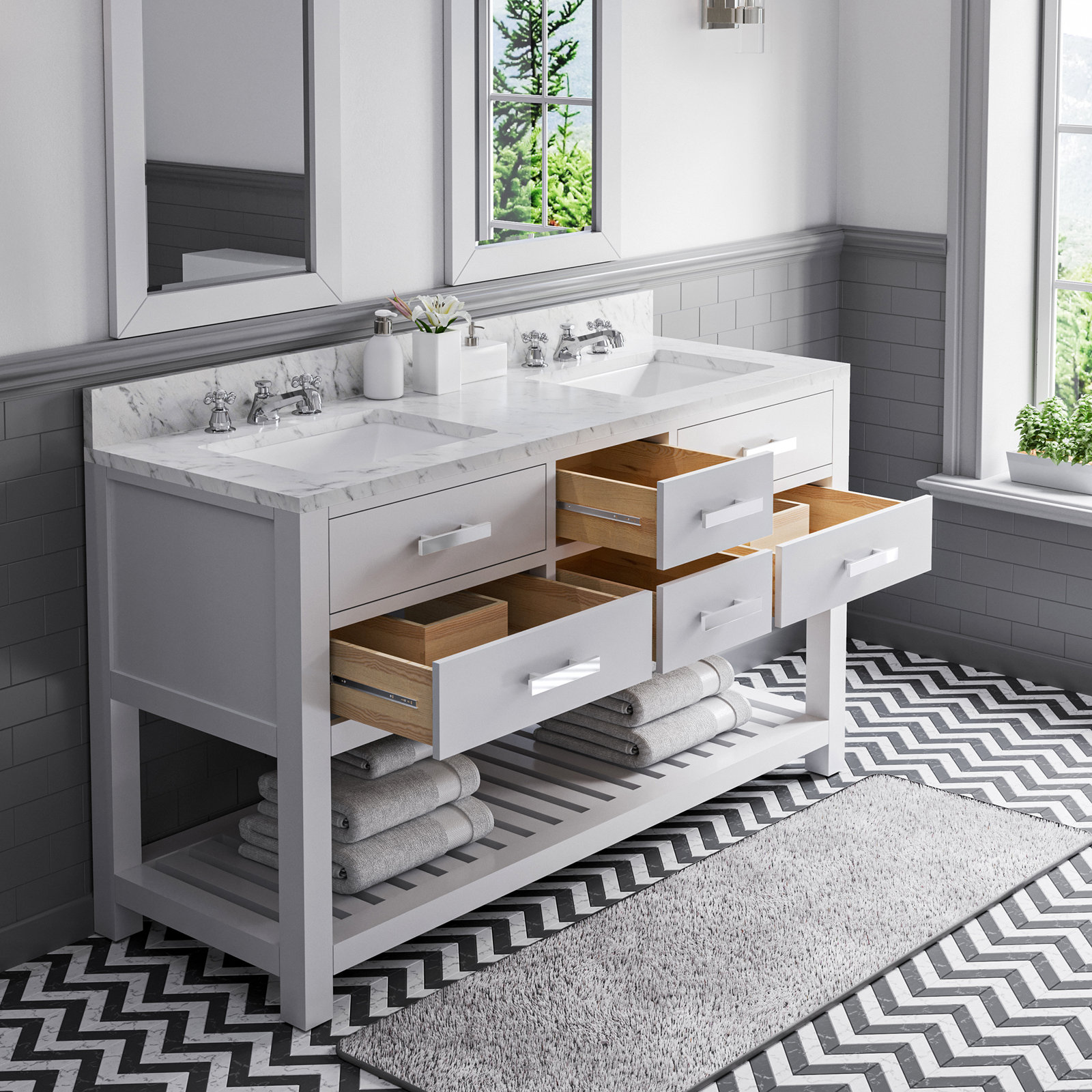 60" Pine Double Bathroom Vanity, Pure White, 34" H x 60" W x 21.5"D