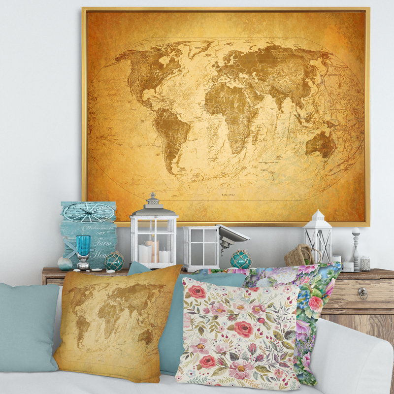 Ancienne carte du monde X - reproduction de cadre flottant sur toile, H 16 po x l 32 po x p 1 po, Or