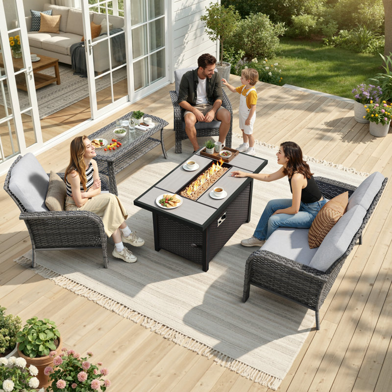 5 Piece Sofa Seating Group with fire pit and Cushions, Gray