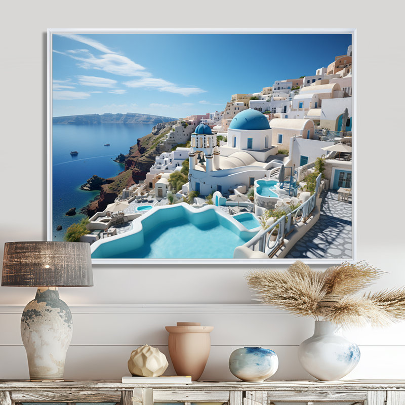 Grèce «Santorini Dreams I», art mural grand de Grèce, H 30 po x l 40 po x P 1,5 po, Cadre flottant blanc