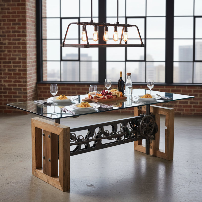 Table de salle à manger réglable industrielle Lakela avec engrenages en acier réutilisés et plateau en verre 