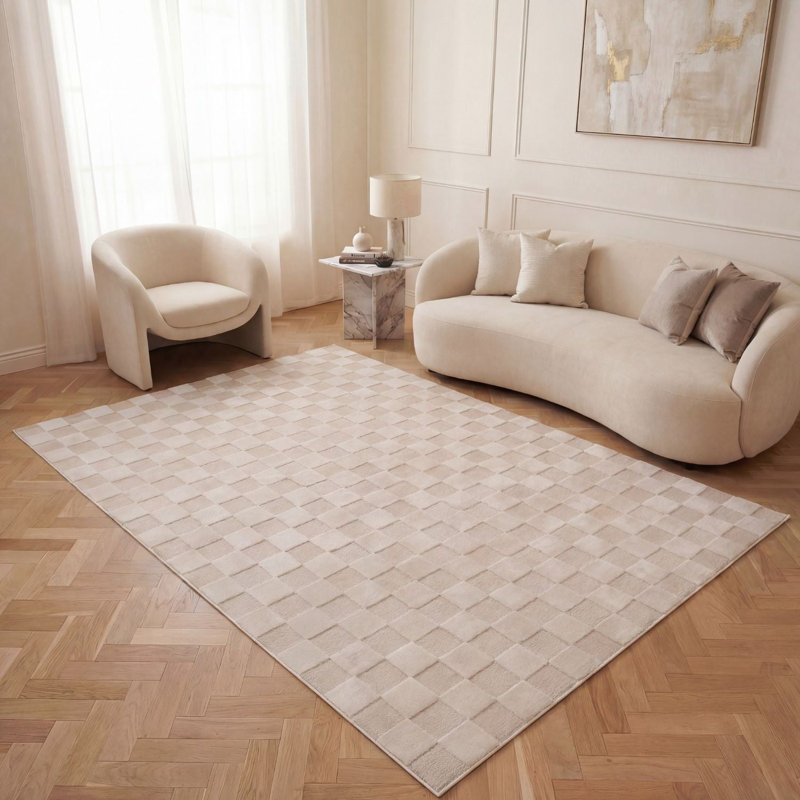 Loft Modern Checkerboard Living Room Area Rug and Runner Soft Pile, Rectangle 80 x 150 cm, Ivory