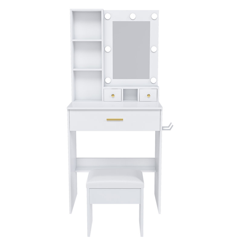 Coiffeuse avec lampe à DEL et éclairage réglable pour tabouret, station de charge et support de ventilateur, coiffeuse avec espace de rangement