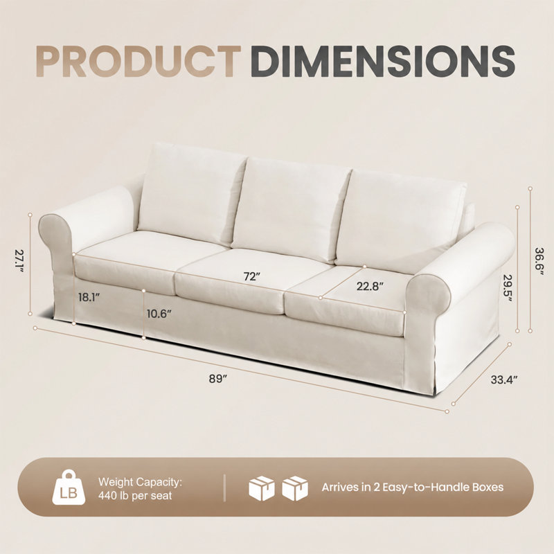 Canapé confortable de 89 po à 3 places pour le salon, canapé moelleux avec housse lavable, coussins de soutien et structure robuste