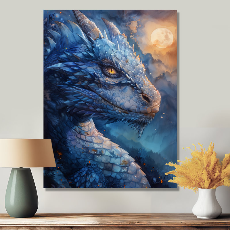  «Blue Moonlit Flight Dragon II - Dragons», reproduction d'art mural, Métal métal, H 32 po x l 16 po