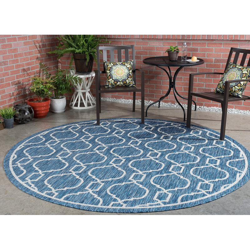 Speegle Indoor / Outdoor Geometric Indigo Blue Area Rug, Round 5'3"