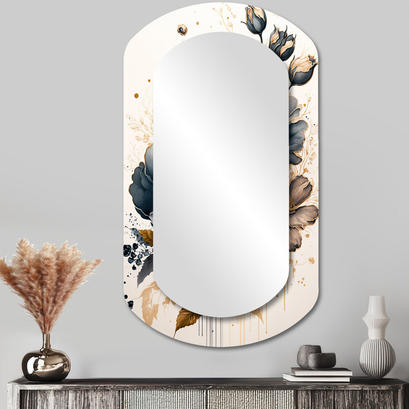 Fleurs de pavot bleu marine et or III - formes asymétriques de coquelicot - grand miroir mural traditionnel, 43 po x 23 po