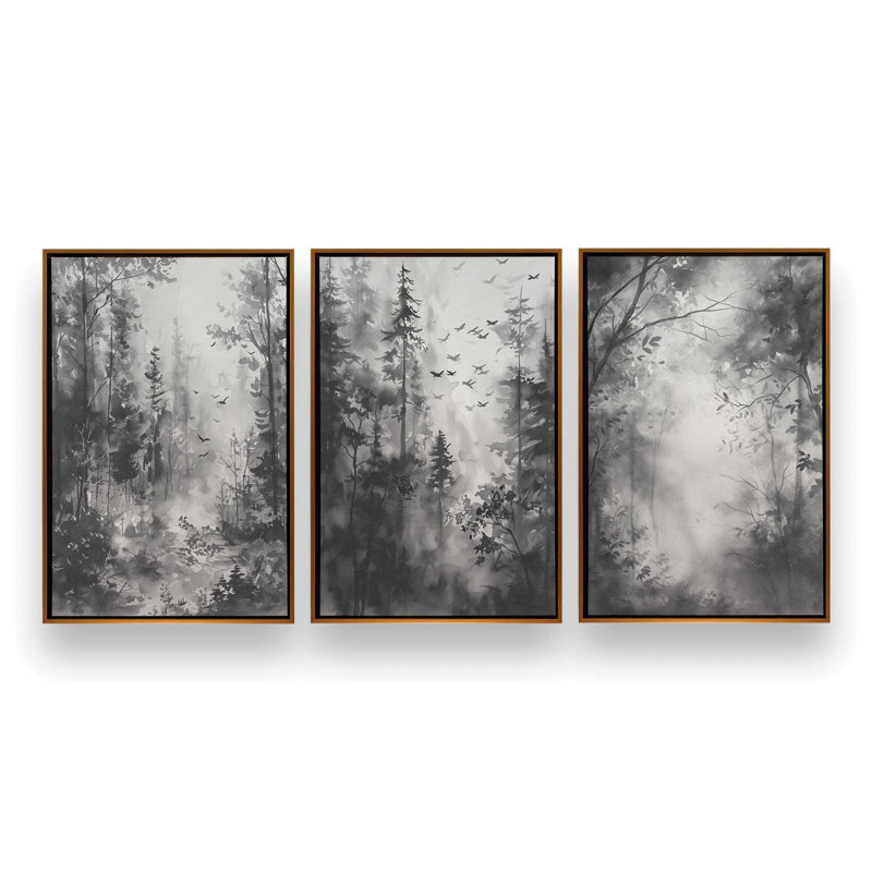 Ensemble de 3 impressions sur toile Forest Enclave, Cadre flottant en chrome poli, H 18,75 po x l 38,25 po x P 1,75 po