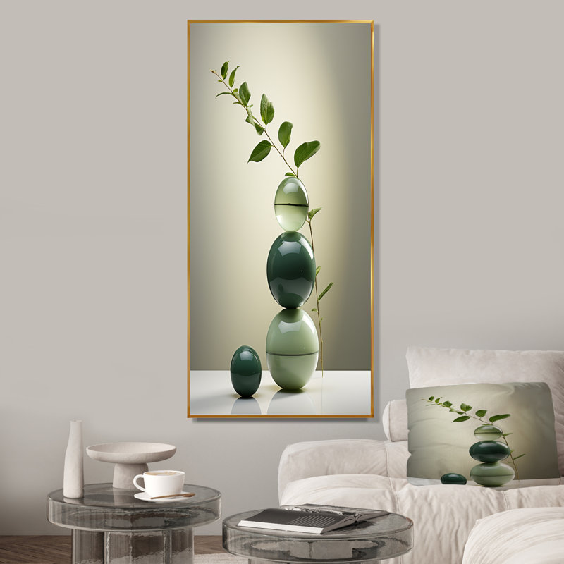 Pierre spirituelle verte zen 1 - Art mural en pierre spirituelle, H 60 po x l 28 po x P 1,5 po, Cadre flottant doré