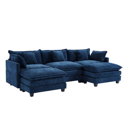 U-Shaped Modern Cloud Couch Modular Sectional - 3-Seat Chenille Deep Seat Sofa with 2 Ottoman & 4 Pillows for Living Room, Bedroom, Apartment