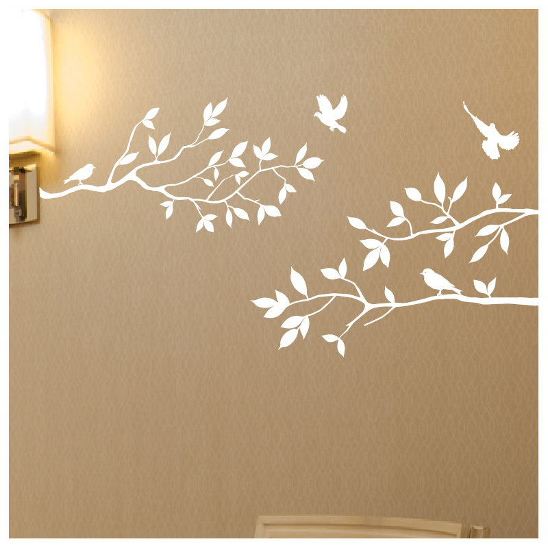 Adhésif mural branches d'arbre avec oiseaux, Blanc mat