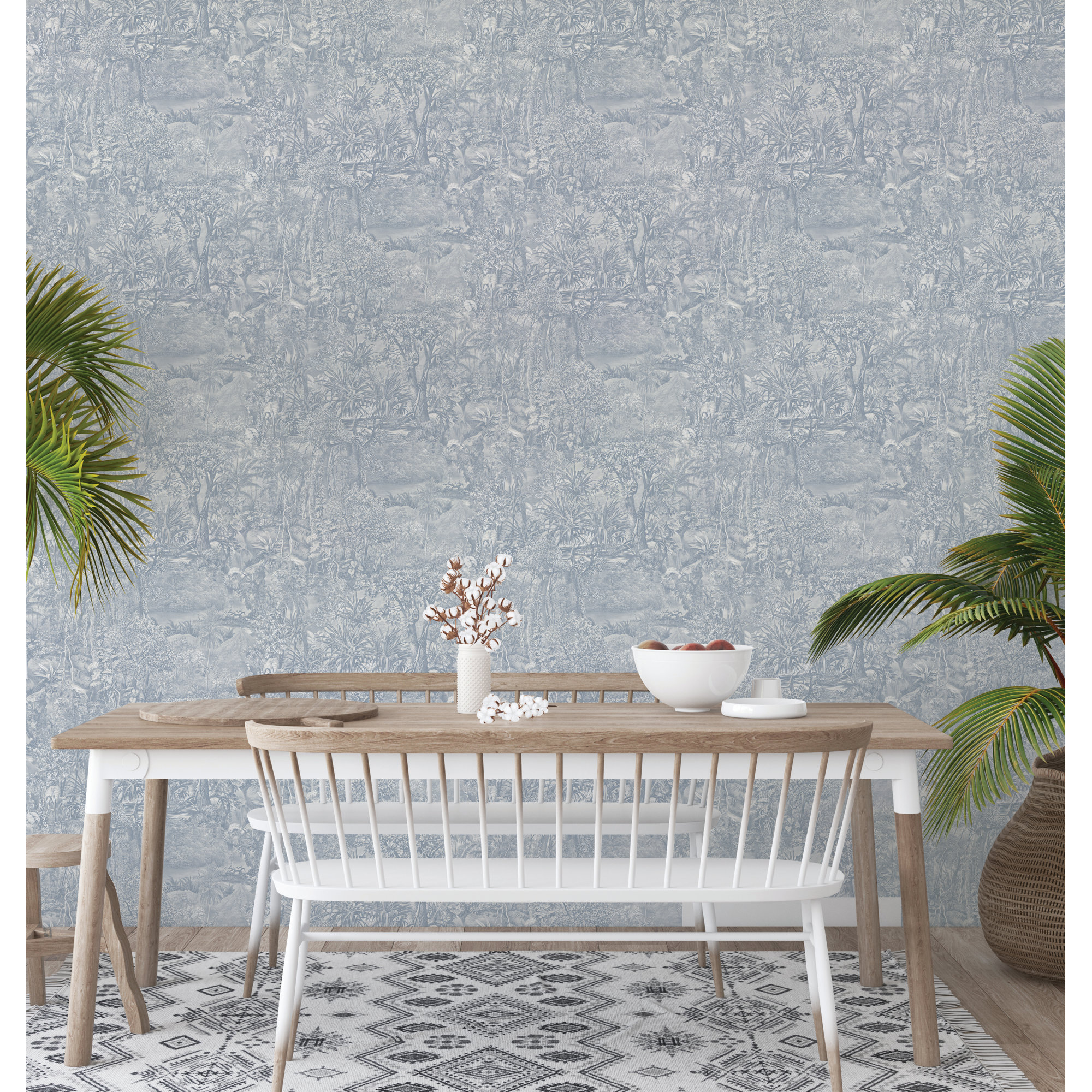 Jungle Toile Peel and Stick Wallpaper, 16.5" L x 20.5" W, Cornflower Blue Toile