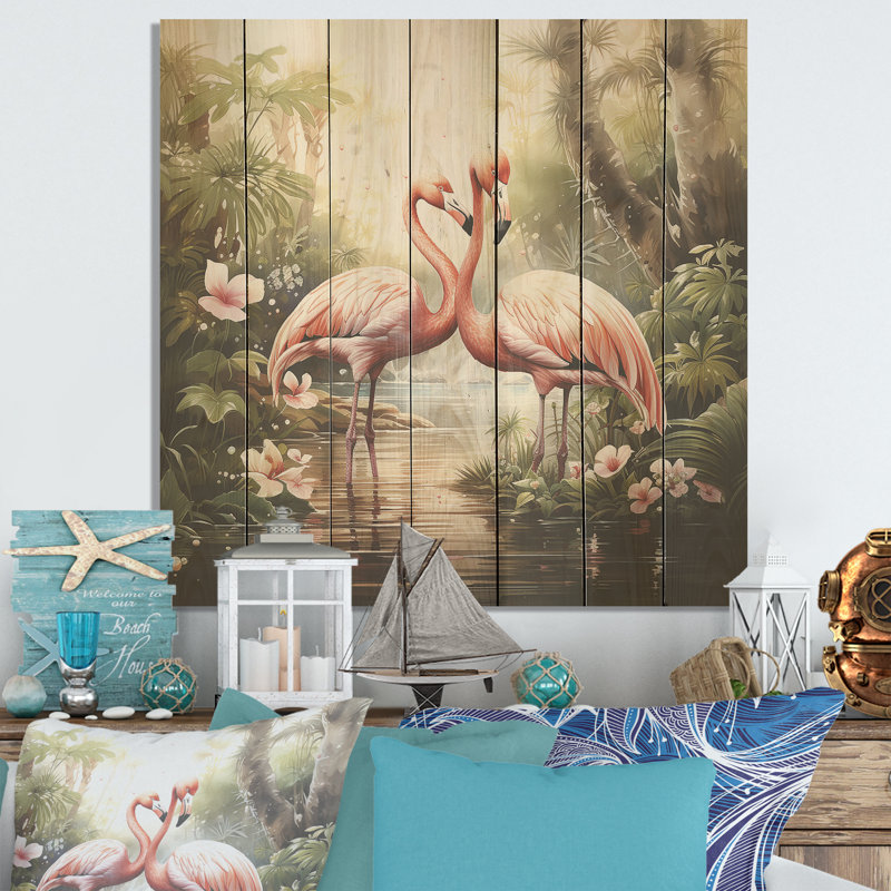 Flamants tropicaux - Flamant rose sur bois, H 36 po x l 36 po