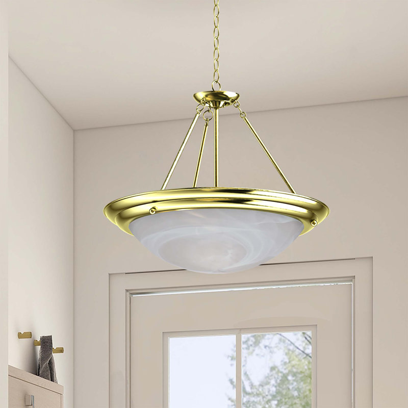 Lunar 3-Light Indoor Polished Brass Convertible Hanging Pendant (Semi-Flush) with Alabaster Glass Bowl, Polished Brass