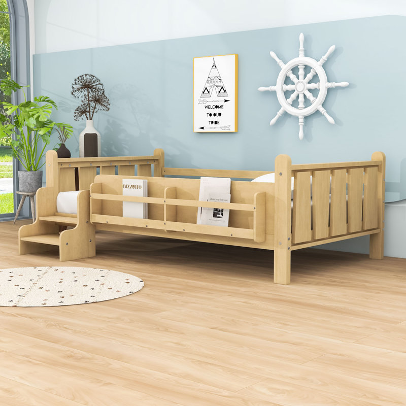 Lit plateforme peu encombrant avec bibliothèques de rangement et garde-corps intégrés, Lit simple, Naturel clair